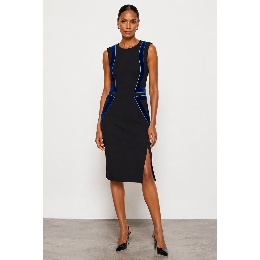 Altuzarra Black Blue Velvet Trim Sleeveless Sheath Dress FR 40 US 8 Made Italy